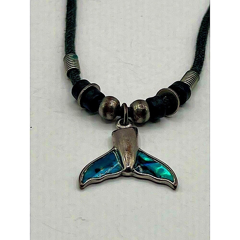 Handcrafted Whale Tail Necklace With Blue Inlay & Beaded Cord For Ocean Lovers - Picture 1 of 6